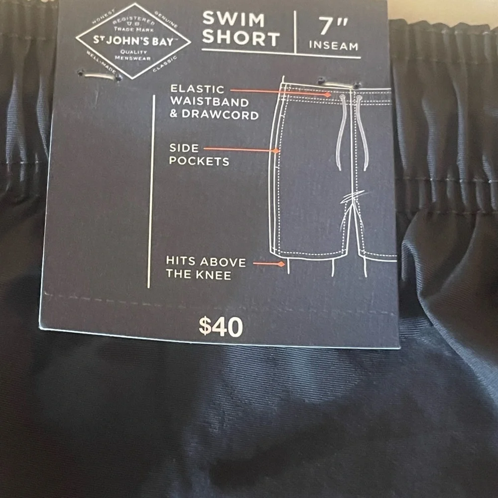 St. John's Bay Mens Size XL Black Swim Shorts with Drawstring Swim Trunks NWT